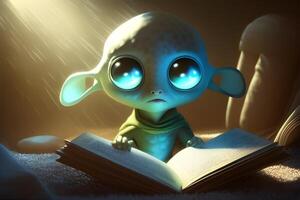 3d little alien character reading a book. Illustration for world book day designed by generative ai. photo