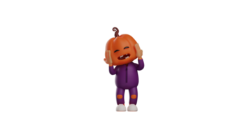 3D illustration. Dizzy Halloween Scarecrow 3D Cartoon Character. Halloween Scarecrow holding his head with both hands. Halloween cartoon with very confused expression. 3D cartoon character png