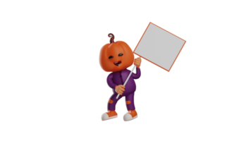 3D illustration. Cheerful Halloween Man 3D Cartoon Character. Halloween man excitedly carrying a white board. Smart Halloween cartoon getting ready to study. 3D cartoon character png
