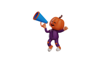 3D illustration. Halloween Man 3D Cartoon Character. Cheerful Halloween man is saying something using a megaphone. The Halloween man clenched his fists excitedly. 3D cartoon character png