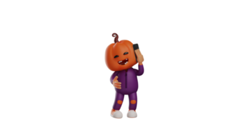 3D illustration. Halloween Scarecrow 3D Cartoon Character. a halloween scarecrow is on the phone. A cute scarecrow is seen talking happily. 3D cartoon character png