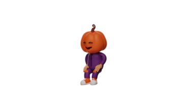 3D illustration. Halloween Scarecrow 3D Cartoon Character. Halloween scarecrow in a semi-sitting position without a chair. a smiling Halloween scarecrow showing his loose teeth. 3D cartoon character png