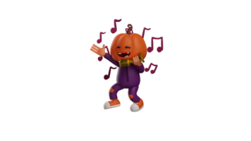 3D illustration. Talented Halloween 3D Cartoon Character. Halloween scarecrow singing using a microphone. Halloween cartoon singing and dancing surrounded by song symbols. 3D cartoon character png