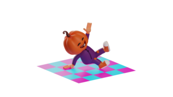 3D illustration. Lively Halloween 3D Cartoon Character. Halloween scarecrow dancing on colorful carpet. Halloween cartoon is happy. 3D cartoon character png