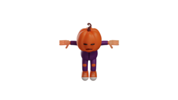 3d illustrazione. freddo Halloween 3d cartone animato carattere. Halloween spaventapasseri danza nel un' posa con braccia teso fuori. il Halloween spaventapasseri mostrato un' strano espressione. 3d cartone animato personaggio png