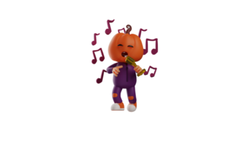 3D illustration. Cheerful Halloween 3D Cartoon Character. Halloween scarecrow singing using a microphone. Halloween cartoon sings very deeply. 3D cartoon character png