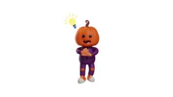 3d illustrazione. inteligente Halloween 3d cartone animato carattere. Halloween spaventapasseri sembra sdentato. Halloween cartone animato provando per spiegare qualche cosa. Halloween cartone animato con leggero lampadina. 3d cartone animato personaggio png