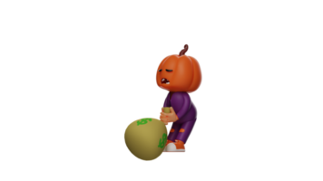 3d illustratie. rijk halloween 3d tekenfilm karakter. halloween vogelverschrikker trekt een zak vol van geld. de geslaagd halloween tekenfilm draagt haar schat en looks uitgeput. 3d tekenfilm karakter png