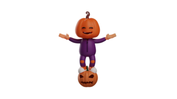 3D illustration. Cheerful Halloween 3D Cartoon Character. Halloween scarecrow standing on a pumpkin and spreading his arms outstretched. Halloween cartoon smiling very happy. 3D cartoon character