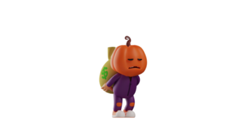 3D illustration. Successful Halloween 3D Cartoon Character. Rich Halloween scarecrow holds a sack of money with tired expression. Halloween cartoon carrying its treasure. 3D cartoon character png