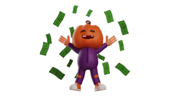 3D illustration. Happy Halloween 3D Cartoon Character. Rich Halloween scarecrow spreads his arms under the rain of money. Successful Halloween cartoon is enjoying his fortune. 3D cartoon character png