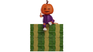 3d illustratie. rijk halloween 3d tekenfilm karakter. halloween vogelverschrikker zittend Aan een stapel van geld. gelukkig halloween tekenfilm glimlachen en geven duimen omhoog teken. 3d tekenfilm karakter png