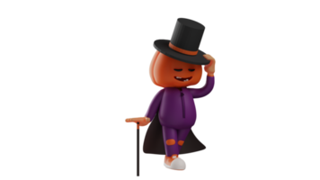 3d illustrazione. freddo Halloween 3d cartone animato carattere. Halloween spaventapasseri indossare mago costume. Halloween cartone animato indossare un' cappello e trasporto un' Magia bacchetta. 3d cartone animato personaggio png