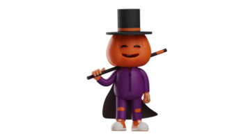 3D illustration. Cute Halloween 3D Cartoon Character. Halloween scarecrow smiling while carrying magic wand. Halloween cartoon wearing magician costume happily. 3D cartoon character png