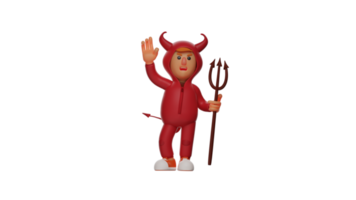 3D illustration. Red Devil 3D Cartoon Character. The Red Devil who carry the trident. Red demon wore an angry expression. The red devil raised one hand. 3D cartoon character png