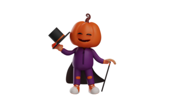 3D illustration. Adorable Halloween 3D Cartoon Character. The scarecrow is smiling happily. Halloween cartoon standing holding magic wand. 3D cartoon character