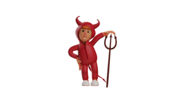 3D illustration. Cute Devil 3D Cartoon Character. The devil stood up and leaned on his trident. The adorable devil put one hand on his waist and smiled innocently. 3D cartoon character png