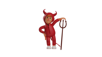 3d illustration. mignonne diable 3d dessin animé personnage. le diable se tenait en haut et penché sur le sien trident. le adorable diable mettre un main sur le sien taille et sourit naïvement. 3d dessin animé personnage png