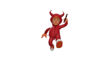 3D illustration. Angry Red Devil 3D Cartoon Character. The Red Devil carry weapon and prepare to finish off his opponent. Red demon with a angry expression jumped up and attacked. 3D cartoon character png