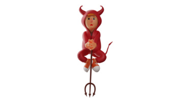 3D illustration. Unique Red Devil 3D Cartoon Character. The red demon floated up and held a long trident. The red devil fell silent with a shocked face. 3D cartoon character png