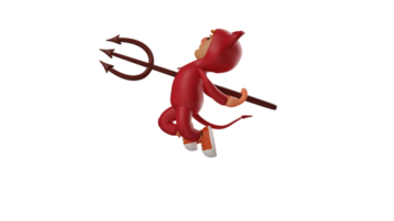 3D illustration. Dead Red Devil 3D Cartoon Character. The crimson demon floated up with a trident stuck in its body. The red devil lost the fight with his opponent. 3D cartoon character png