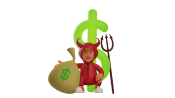 3D illustration. Wealthy Devil 3D Cartoon Character. Successful devil smiles happily. Cool red devil standing in front of a dollar sign and carrying a sack of money. 3D cartoon character png