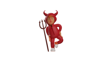 3D illustration. Tired Red Devil 3D Cartoon Character. Red devil in funny pose. Demon took the trident and put his hand on his waist. Boy Devil showed an expression of pain. 3D cartoon character png