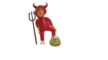 3D illustration. Rich Devil 3D Cartoon Character. The rich red demon carried a trident and placed one foot on the money sack. A crimson demon that showed an expression of pain. 3D cartoon character png