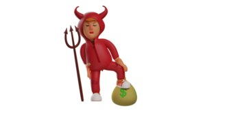 3d illustration. rik jäkel 3d tecknad serie karaktär. de rik röd demon genom en treudd och placerad ett fot på de pengar säck. en djupröd demon den där visade ett uttryck av smärta. 3d tecknad serie karaktär png