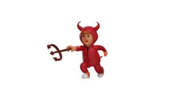 3D illustration. Brave Devil 3D Cartoon Character. Devil points the trident he is carrying towards the opponent. Crimson demon attacked the opponent with a ferocious expression. 3D cartoon character png