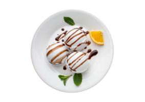 White plate with ice cream balls isolated on a transparent background png