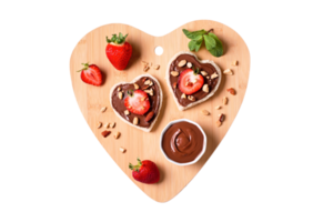 Beige heart table with chosolate and strawberries isolated on a transparent background png