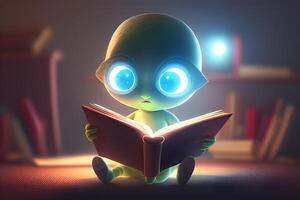 3d pequeño extraterrestre personaje leyendo un libro. ilustración para mundo libro día diseñado por generativo ai. foto