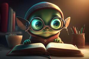 3d little alien character reading a book. Illustration for world book day designed by generative ai. photo