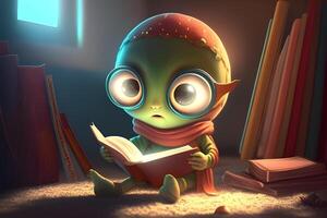 3d pequeño extraterrestre personaje leyendo un libro. ilustración para mundo libro día diseñado por generativo ai. foto