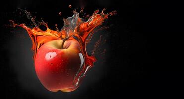 A red apple in water splash color effect on a black background. . photo