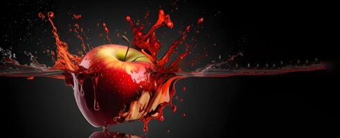 A red apple in water splash color effect on a black background. . photo