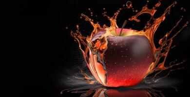 A red apple in water splash color effect on a black background. . photo