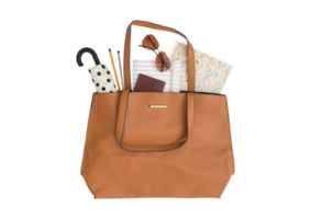 Brown purse with a umbrella, sunglasses, map and passport isolated on a transparent background png