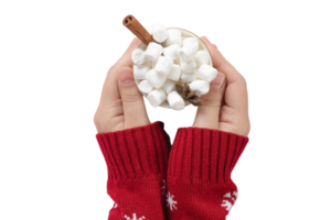 wit vrouw hand- Holding een mok met marshmallows geïsoleerd Aan een transparant achtergrond png