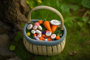 A basket with eggs, medicines, and flowers for world health day. . photo