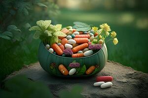 A basket with eggs, medicines, and flowers for world health day. . photo