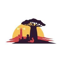 Silhouette of children reading under a tree with lighthouse in the background. vector