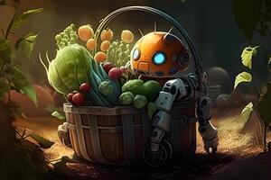 Robot with a fruit basket illustration design by . photo