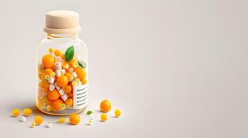 amarillo color pastillas y botellas diseñado para mundo salud día en un blanco antecedentes. generativo ai. foto
