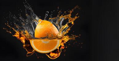 orange slice in water splash design on the black background. . photo