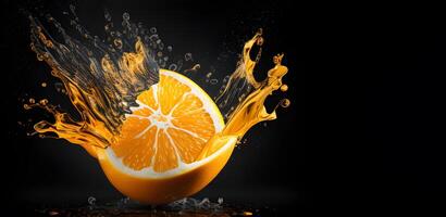 orange slice in water splash design on the black background. . photo