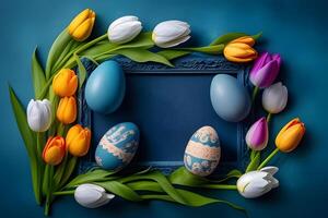 easter eggs and tulips flowers illustration design for the happy easter day. . photo