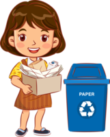 Cute girl holding a container with paper to the recycle bin png