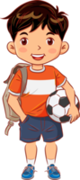 Cute boy with backpack holding book and football ready going to school png